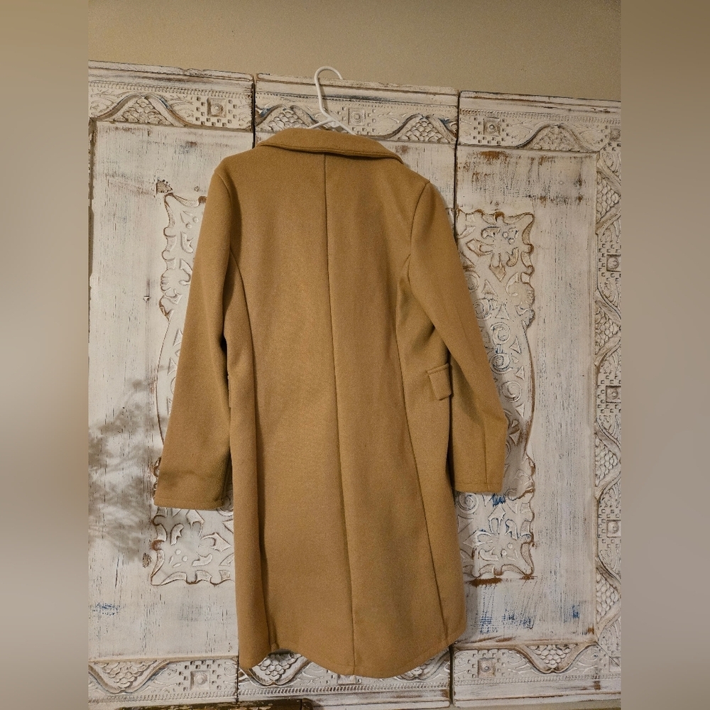 Women's Size Lg Camel double breasted Trench Coat Stylish Jacket Warm - Picture 6 of 6